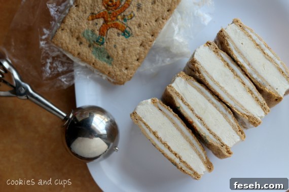 IMG_6105 Gingerbread Pop Tart ice cream sandwiches stacked in a row on a plate, next to an ice cream scoop.