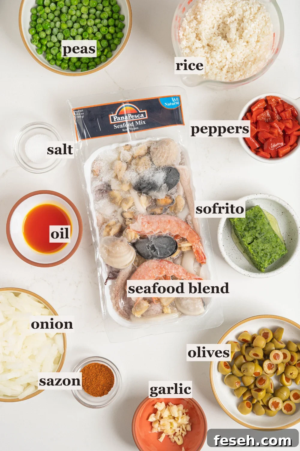 Puerto Rican Arroz con Mariscos Recipe - Authentic Seafood Rice 3 Bowls of rice, frozen seafood, olives, and more.